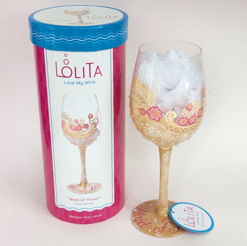 NIB 2016 LOLITA "Love my Wine" Maid of Honor Novelty Wine Glass Handpainted